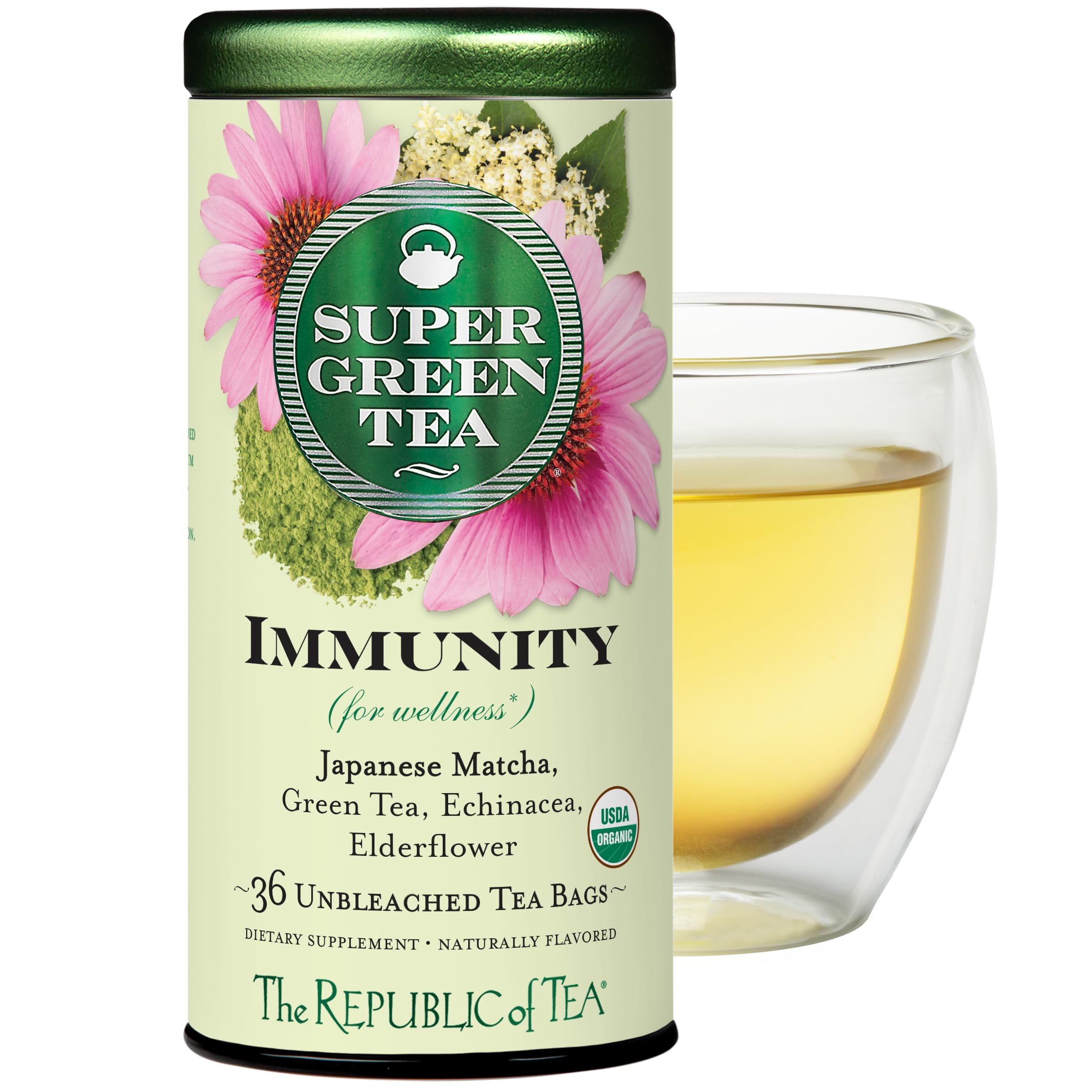 The Republic of Tea Immunity SuperGreen herbal ingredients layout emphasizing antioxidants.