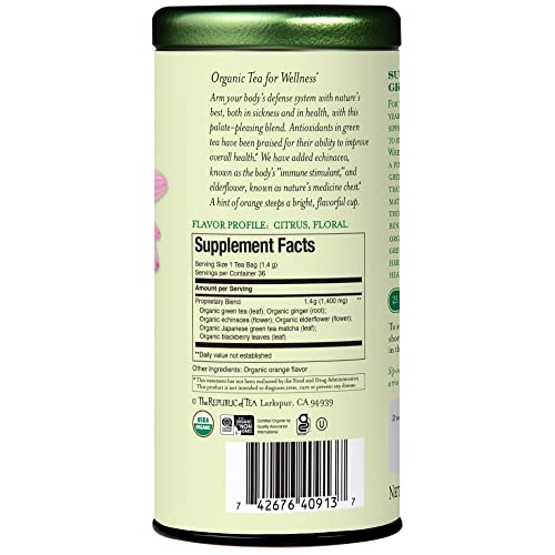 The Republic of Tea Immunity SuperGreen matcha powder bowl highlighting premium ingredients.