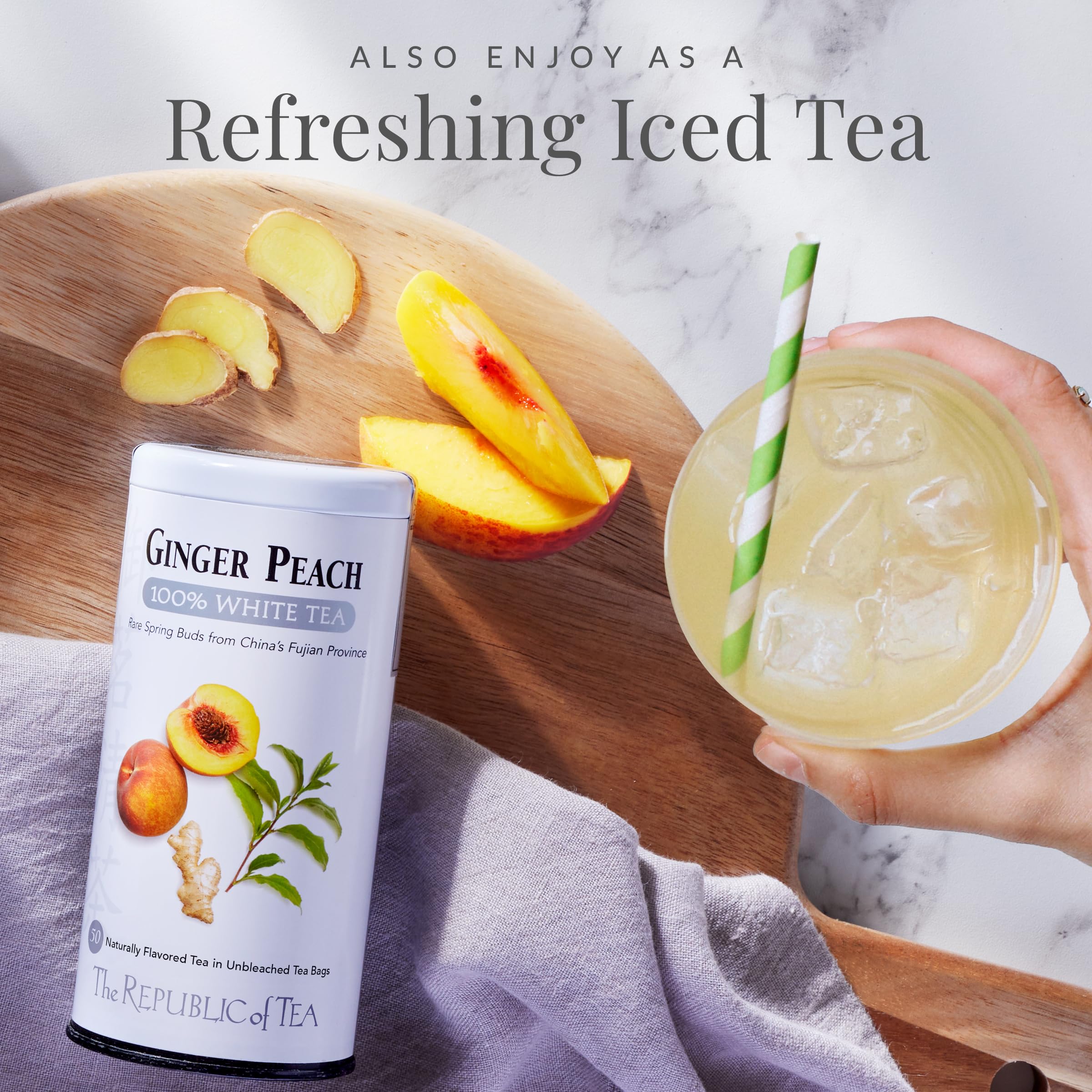 The Republic of Tea ingredients-ginger-peach-white-tea highlights natural flavors for a clean-tasting cup.
