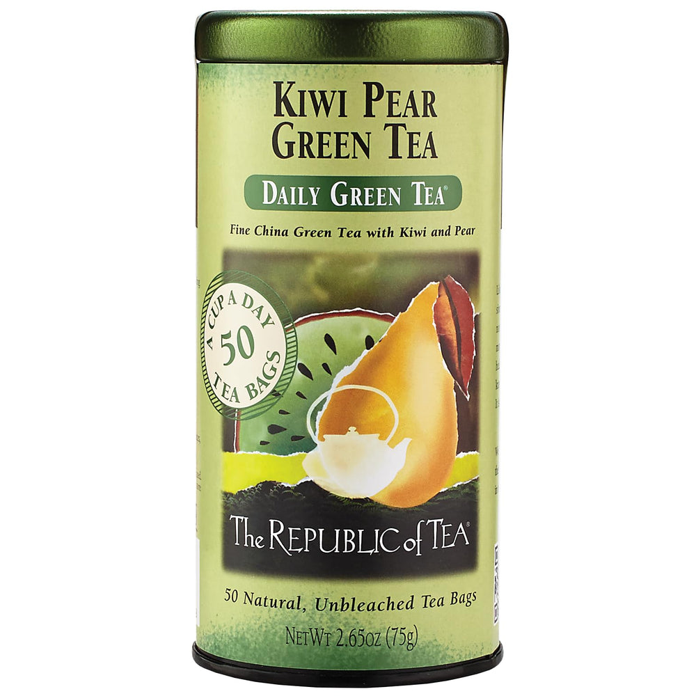 The Republic of Tea Kiwi Pear Tea tin showcasing premium green tea blend with natural fruit notes.