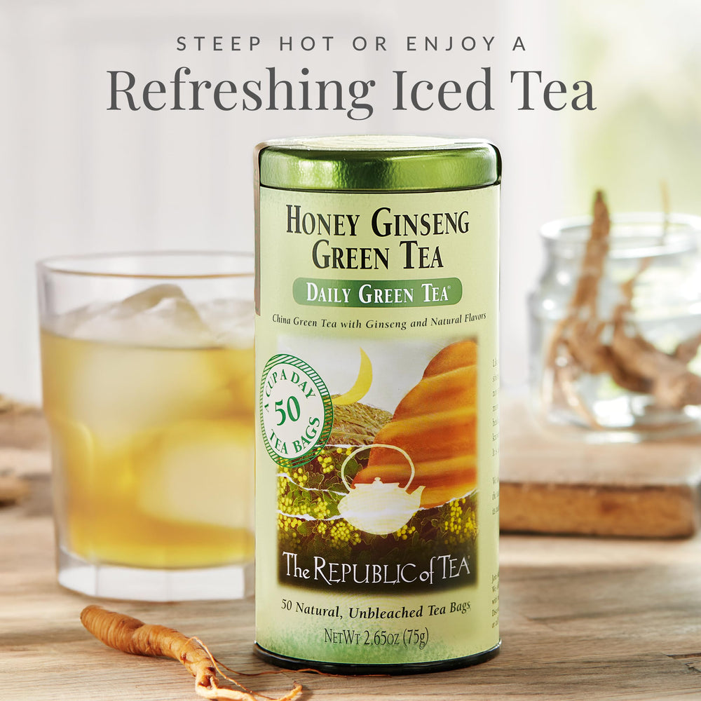 The Republic of Tea packaging detail label highlights premium ingredients.