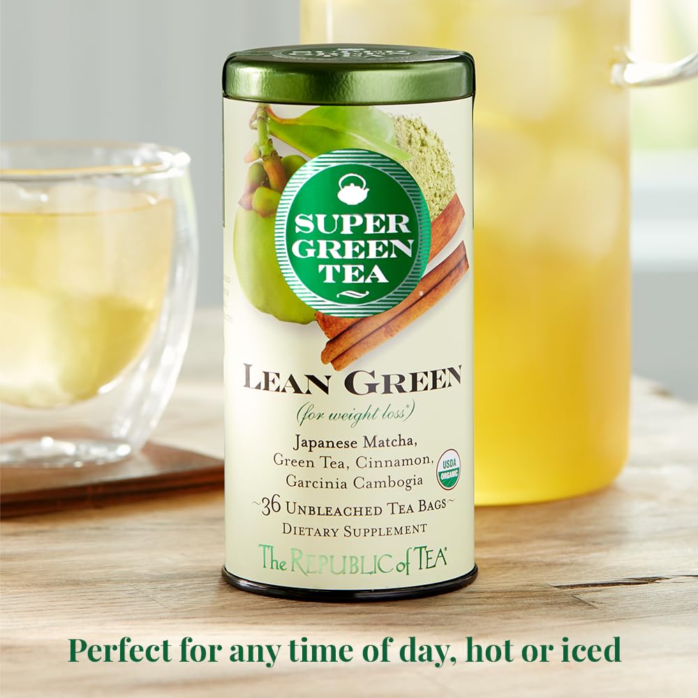 The Republic of Tea Lean Green packaging highlights organic and non-GMO ingredients.