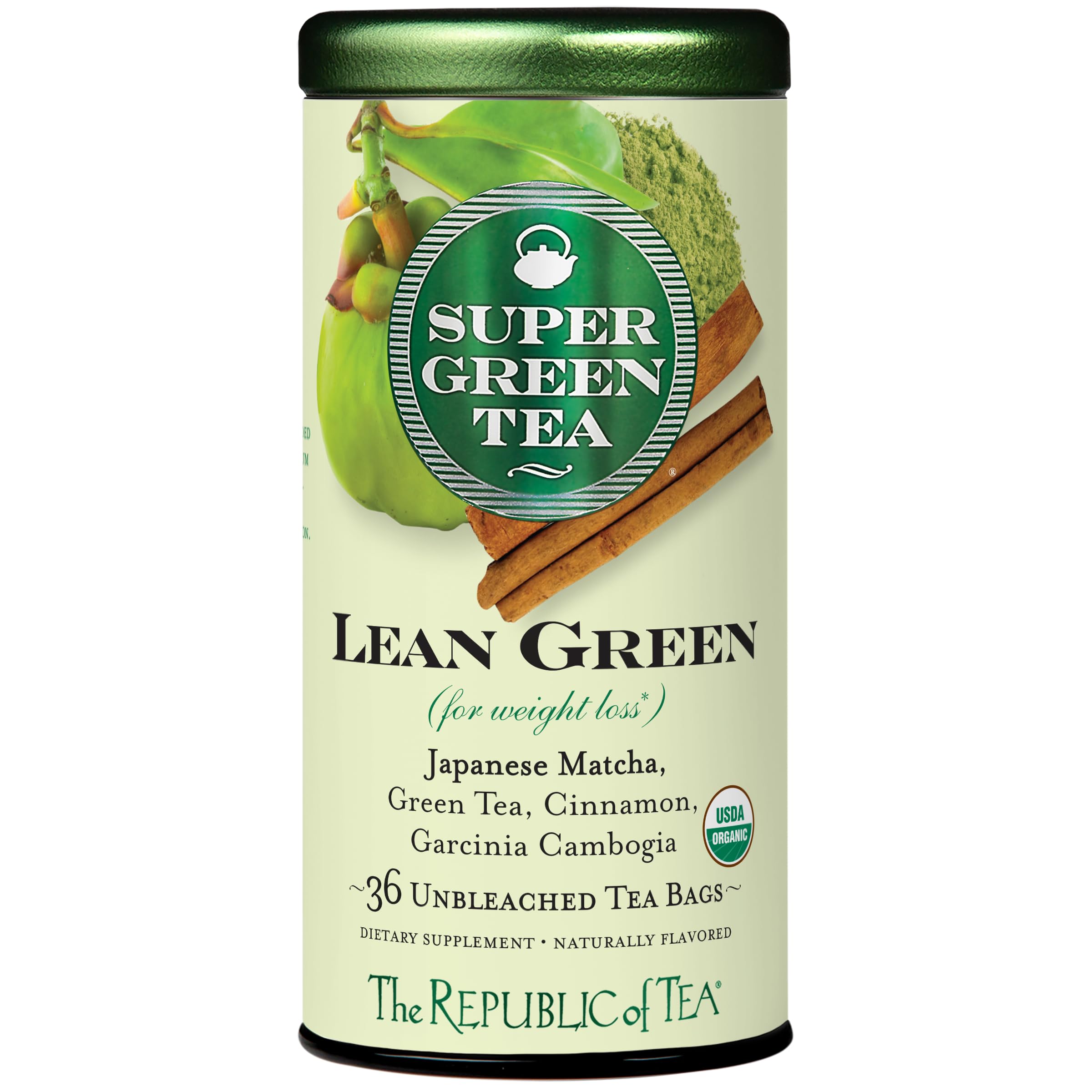 The Republic of Tea Lean Green tea bag label highlights organic blend for daily energy.