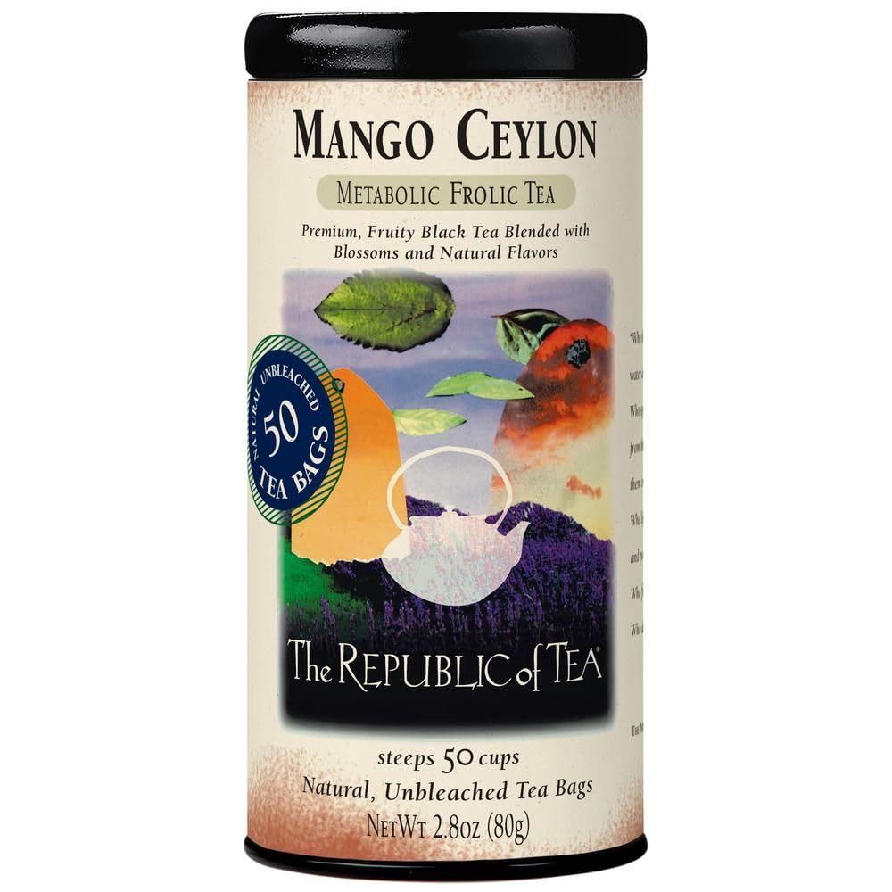 The Republic of Tea Mango Ceylon Black Tea tin with mango aroma, perfect for a refreshing sip.