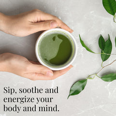 The Republic of Tea matcha powder whisked with a bamboo whisk for bright flavor.