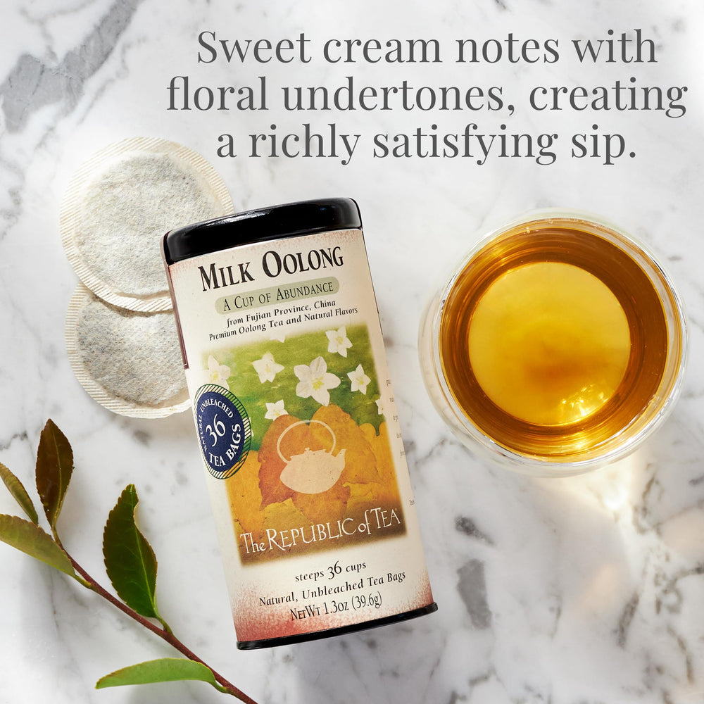 The Republic of Tea Milk Oolong tin back shows ingredients for confident brewing.