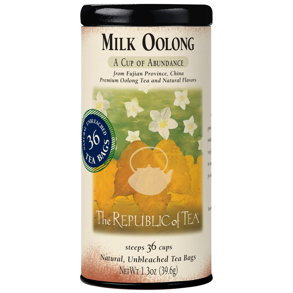 The Republic of Tea Milk Oolong tin front with balanced caffeine lift.