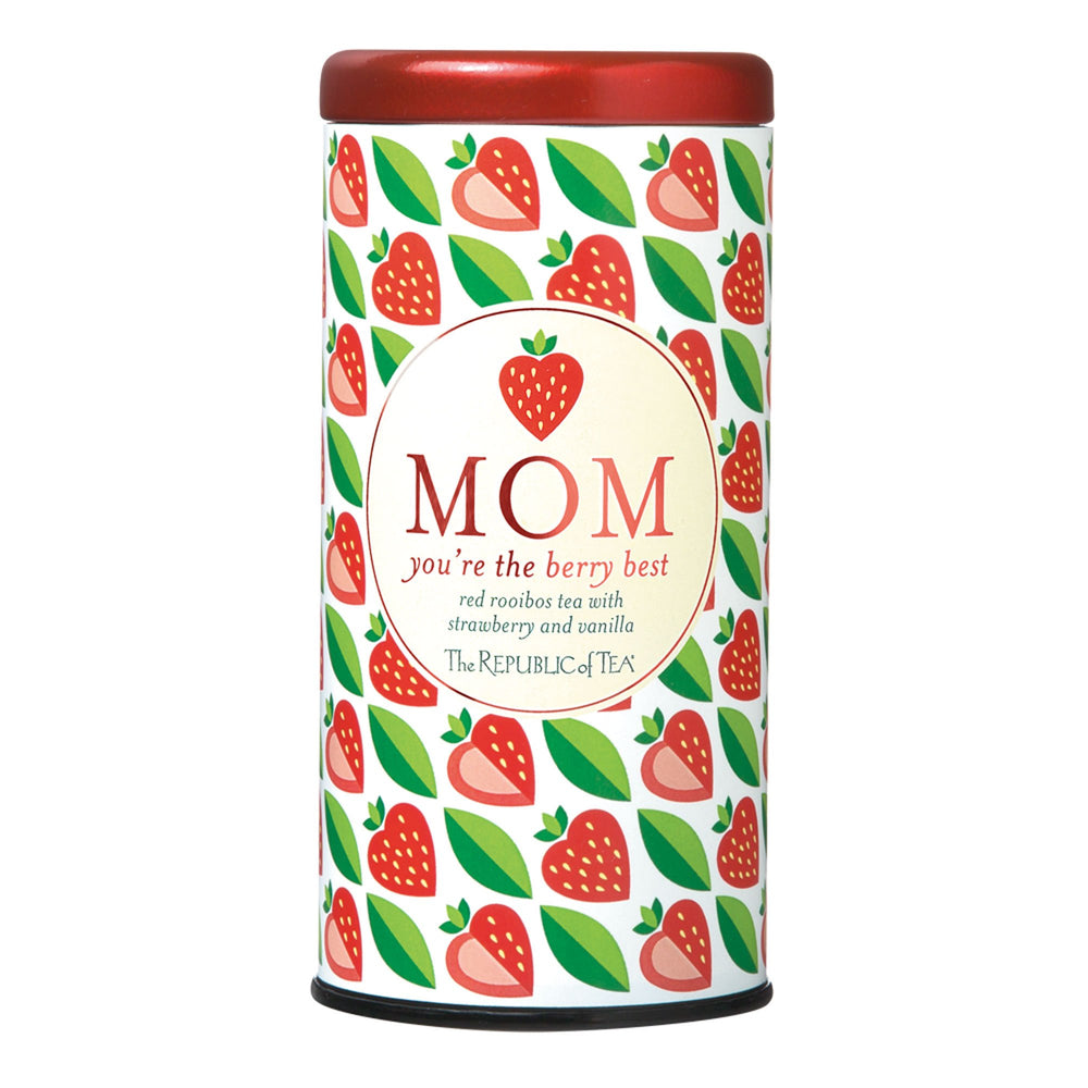 The Republic of Tea Mom You're The Berry Best Tea bags arranged for a thoughtful strawberry vanilla gift.