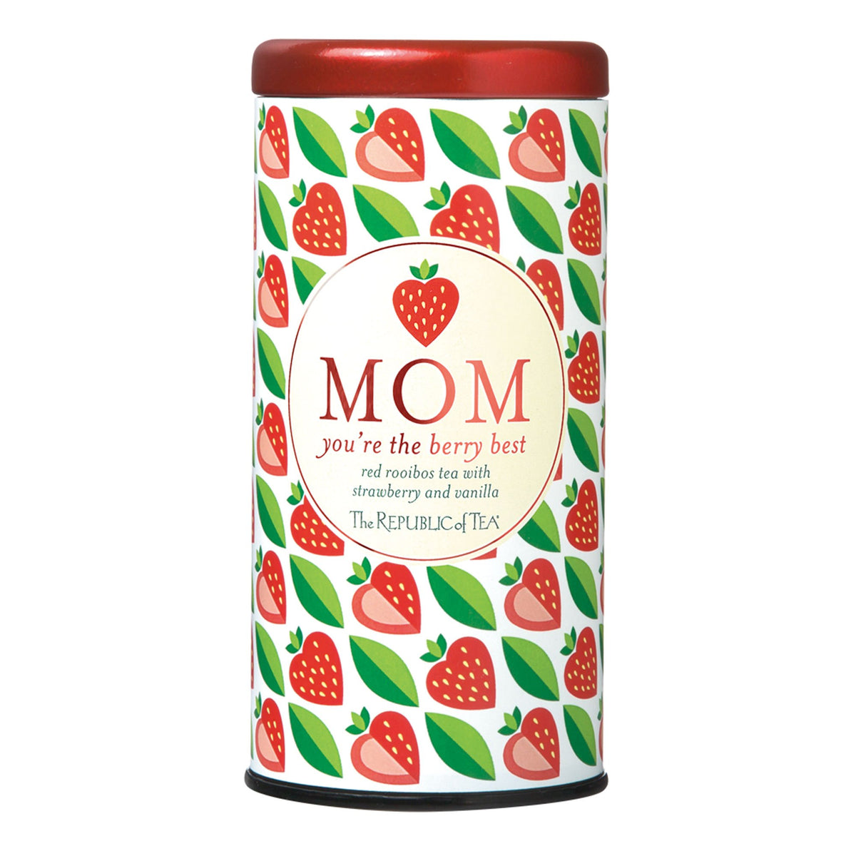 The Republic of Tea Mom You're The Berry Best Tea bags arranged for a thoughtful strawberry vanilla gift.