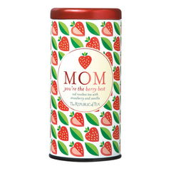 The Republic of Tea Mom You're The Berry Best Tea bags arranged for a thoughtful strawberry vanilla gift.