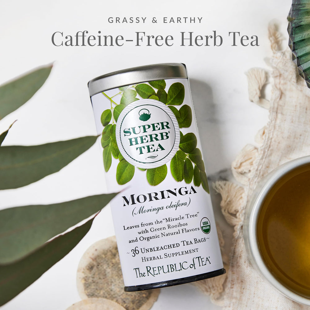 The Republic of Tea Moringa SuperHerb tin label closeup highlights organic ingredients.