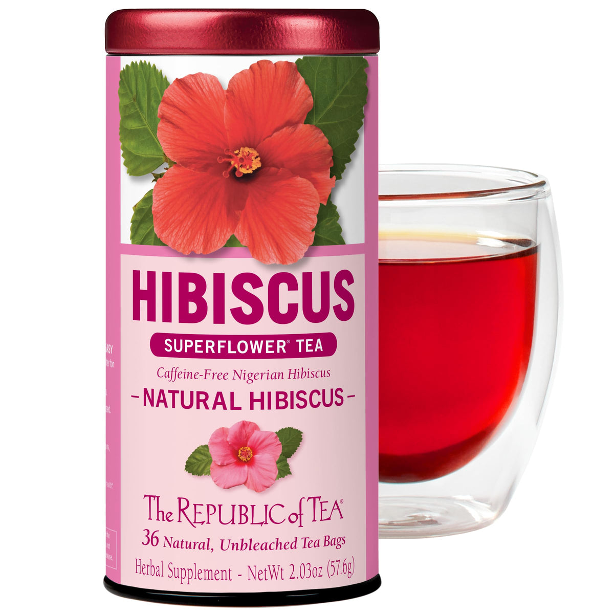 The Republic of Tea natural hibiscus tea bags for caffeine-free refreshment.