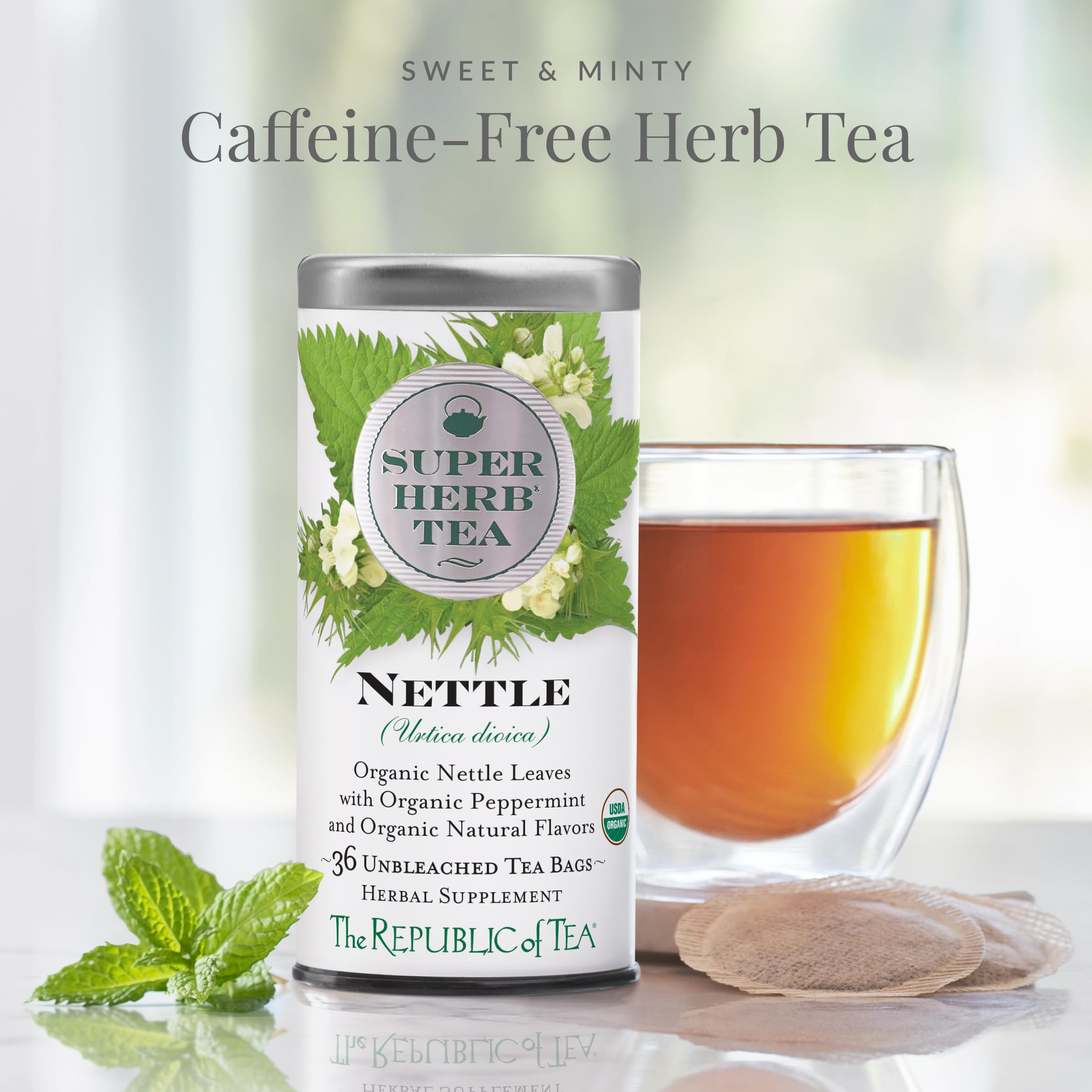 The Republic of Tea nettle tea bags closeup highlighting natural leaves and ready-to-brew convenience.