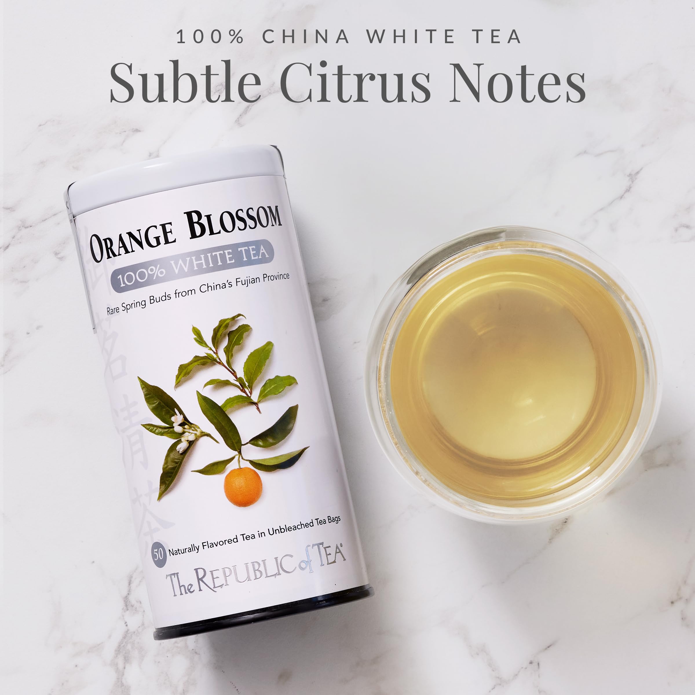 The Republic of Tea orange blossom white tea cup with bright, uplifting notes.