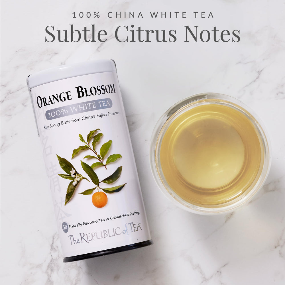 The Republic of Tea orange blossom white tea cup with bright, uplifting notes.