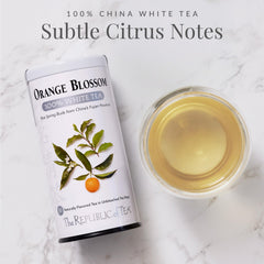 The Republic of Tea orange blossom white tea cup with bright, uplifting notes.
