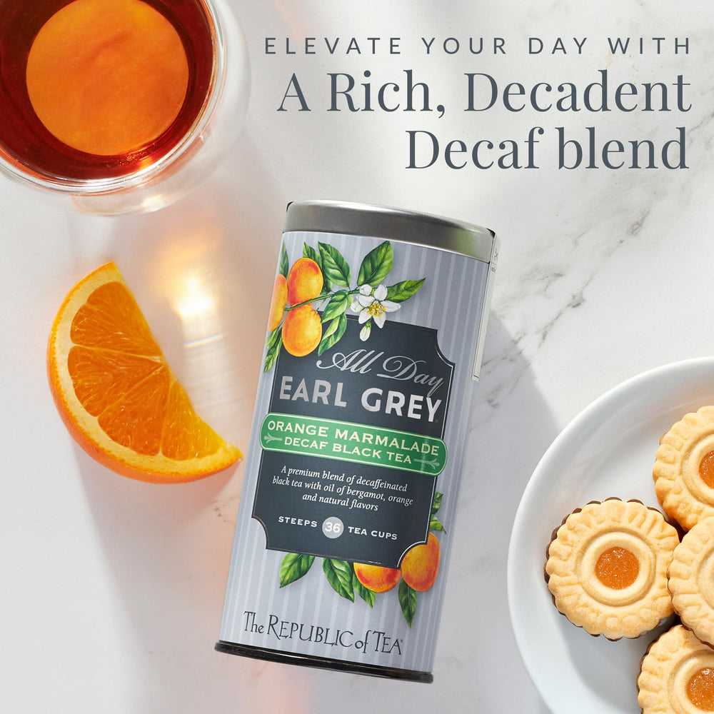 The Republic of Tea amber brew in a cup ideal for soothing vibes.