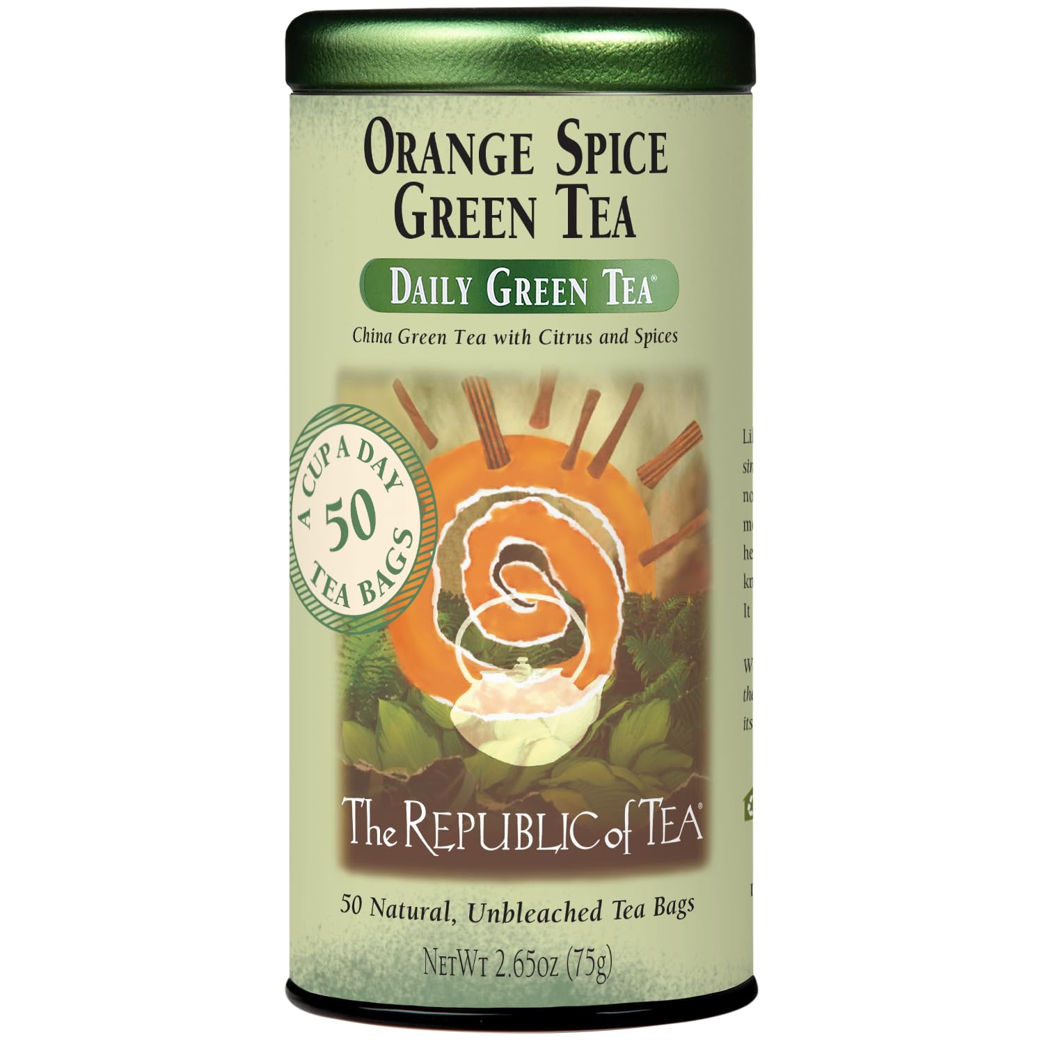 The Republic of Tea Orange Spice Green Tea tea bags, fragrant and gluten-free.