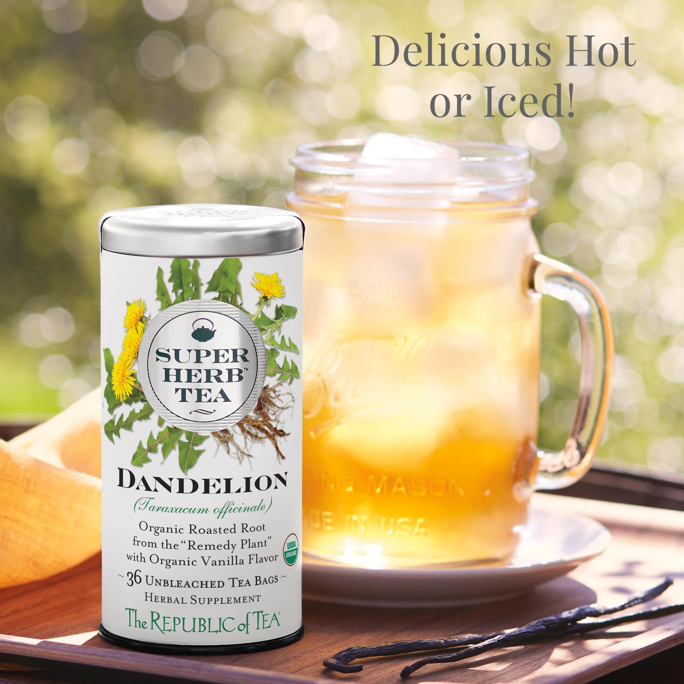 The Republic of Tea organic roasted dandelion roots showcasing natural ingredients