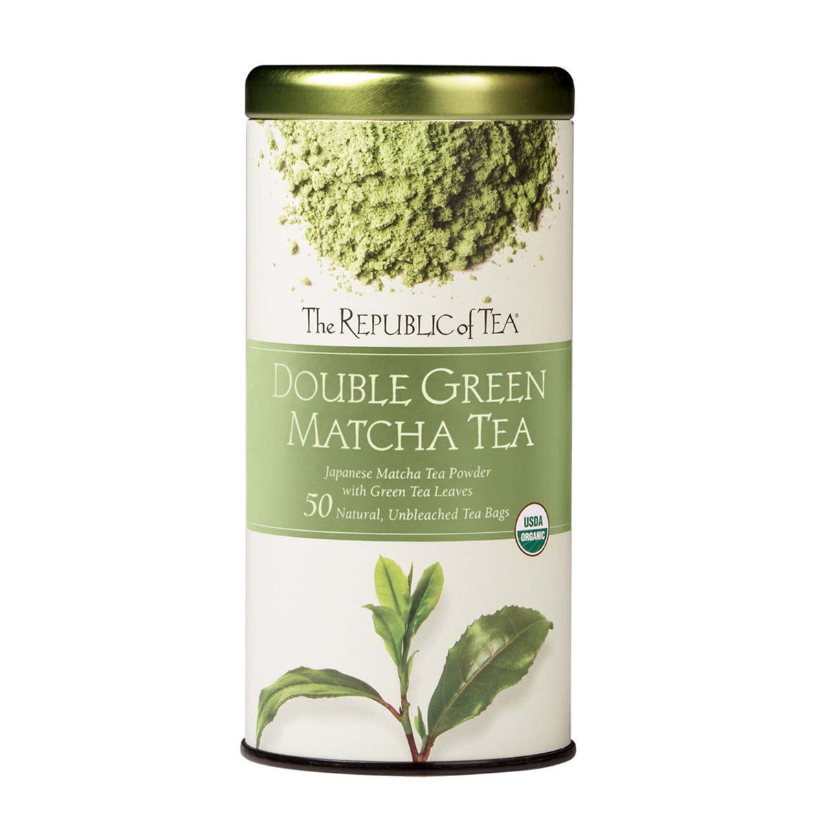 The Republic of Tea Organic Double Green Matcha tea bag steeping for a smooth, refreshing cup.