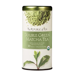 The Republic of Tea Organic Double Green Matcha tea bag steeping for a smooth, refreshing cup.