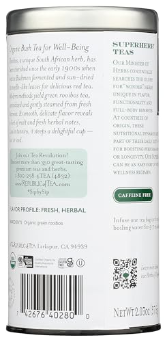 The Republic of Tea organic green rooibos leaves capture fresh, natural flavors for a soothing cup.