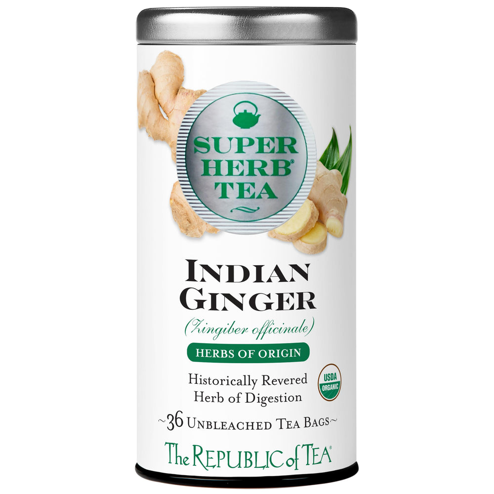 The Republic of Tea Organic Indian Ginger SuperHerb Tea Tin front view showcasing packaging.