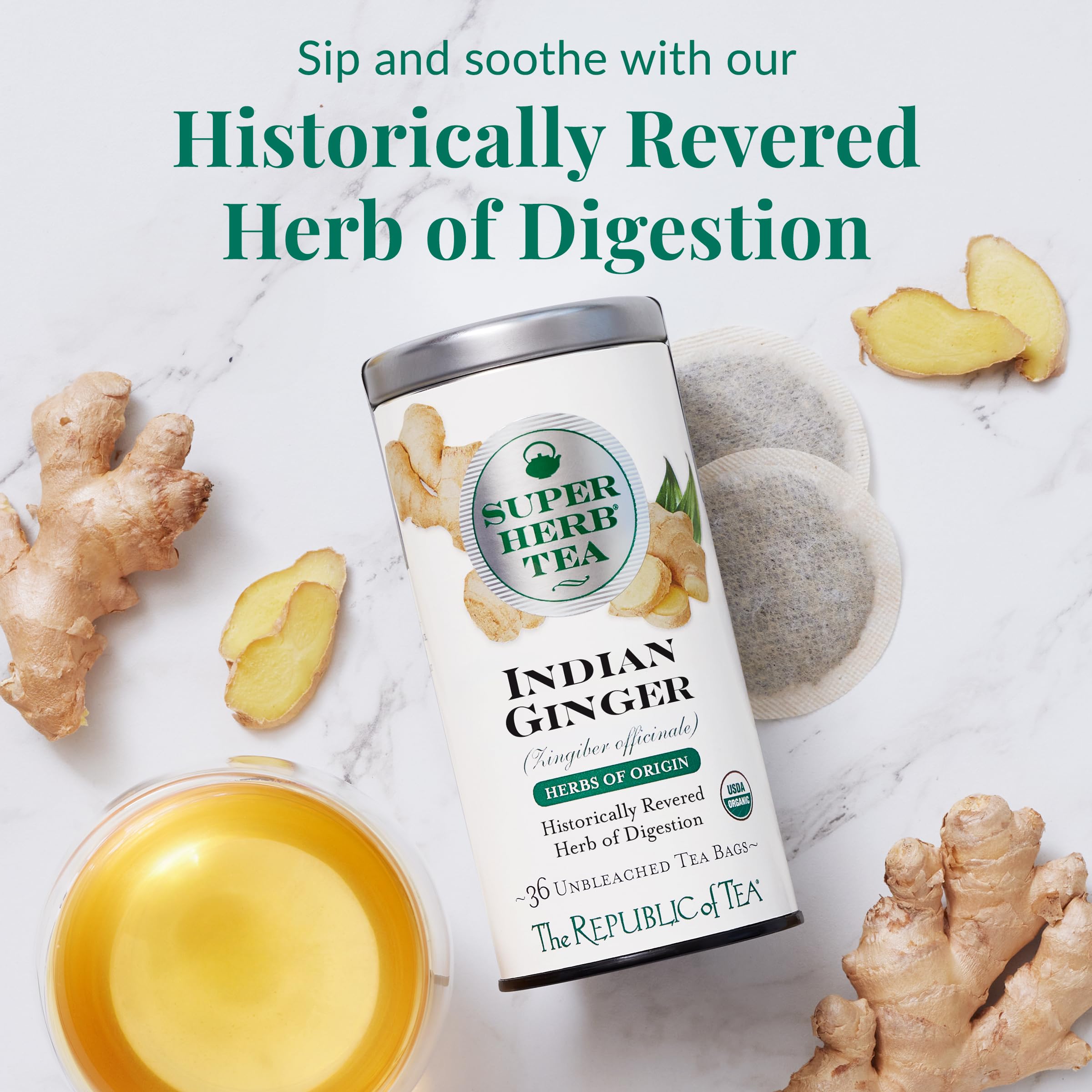 The Republic of Tea tin side label highlighting Herbs of Origin and organic certification.