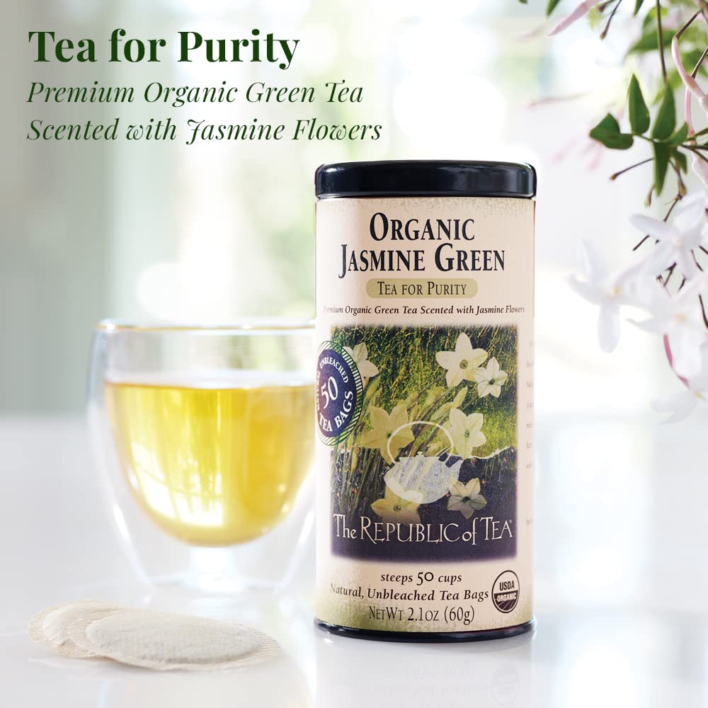 The Republic of Tea Organic Jasmine Green Tea cup ready to sip with a light floral note.