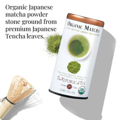 The Republic of Tea organic matcha tin shown for convenient, daily ceremonial-grade use.