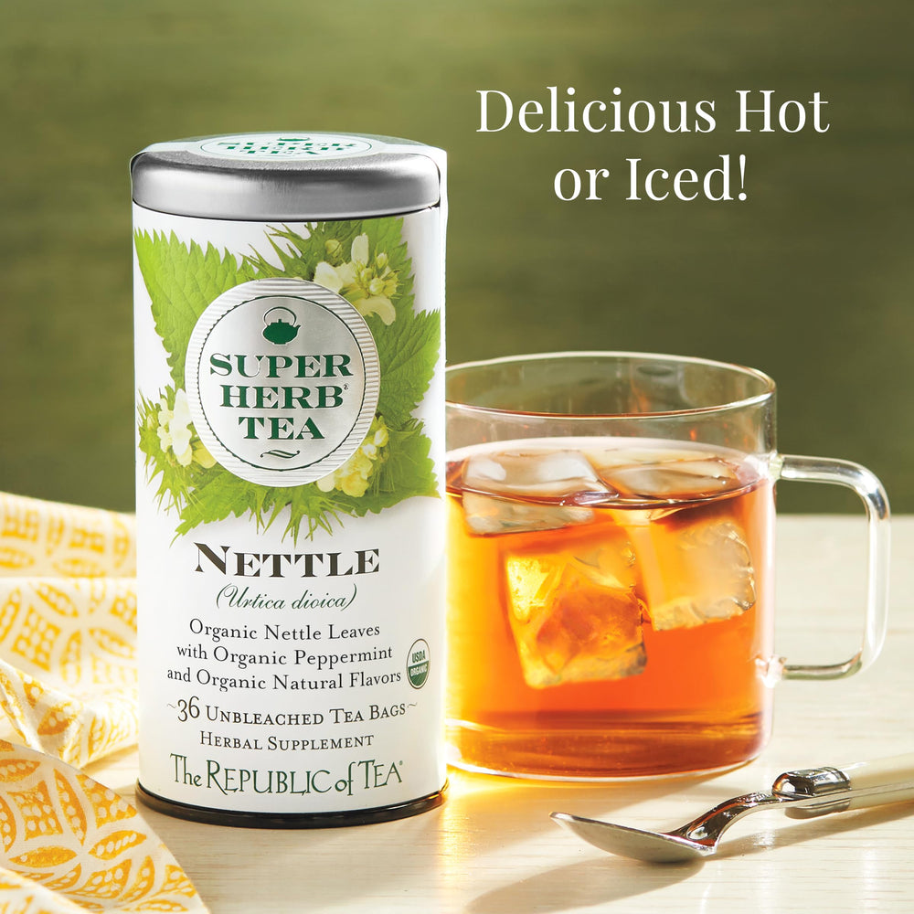 The Republic of Tea organic peppermint leaf image emphasizes fresh aroma and herb-forward flavor.