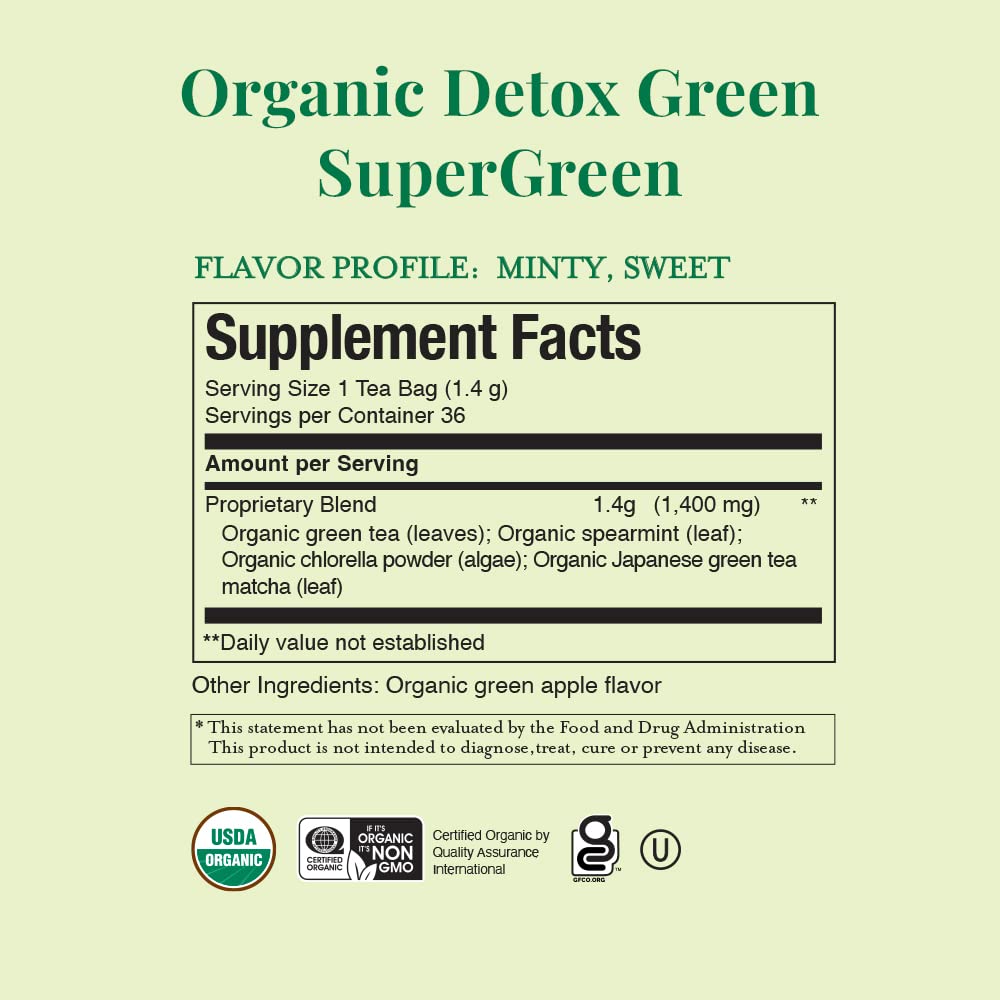 The Republic of Tea Organic SuperGreen Detox tin on a kitchen counter.