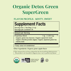 The Republic of Tea Organic SuperGreen Detox tin on a kitchen counter.