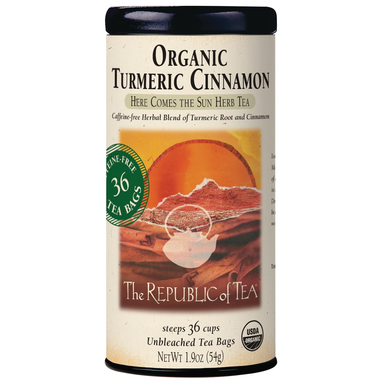 The Republic of Tea Organic Turmeric Cinnamon Tea bag provides rich aroma and caffeine-free comfort.