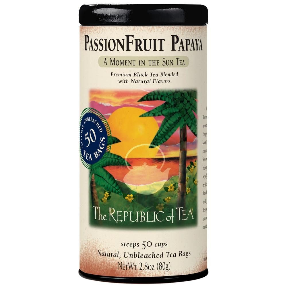 The Republic of Tea PassionFruit Papaya tea bags – tropical flavor for a refreshing cup.