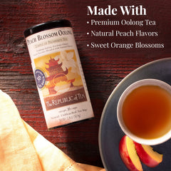 Cup of Peach Blossom Oolong tea steeping, aroma rising from mug