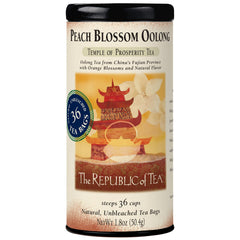 The Republic of Tea Peach Blossom Oolong tea tin, front view, fragrant selection