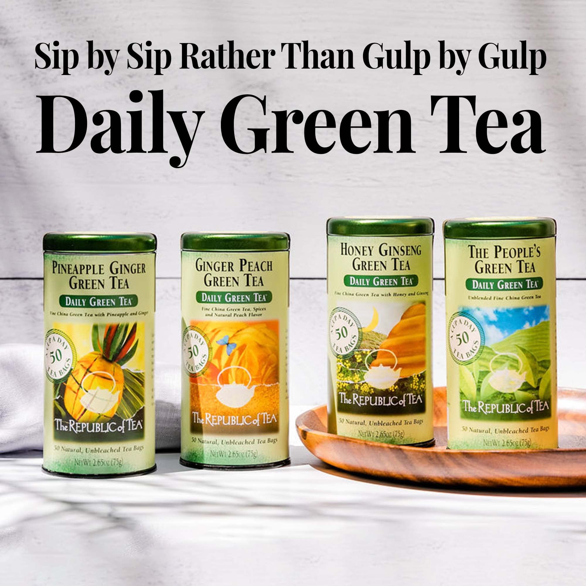 Close-up of The Republic of Tea label highlighting premium ingredients.