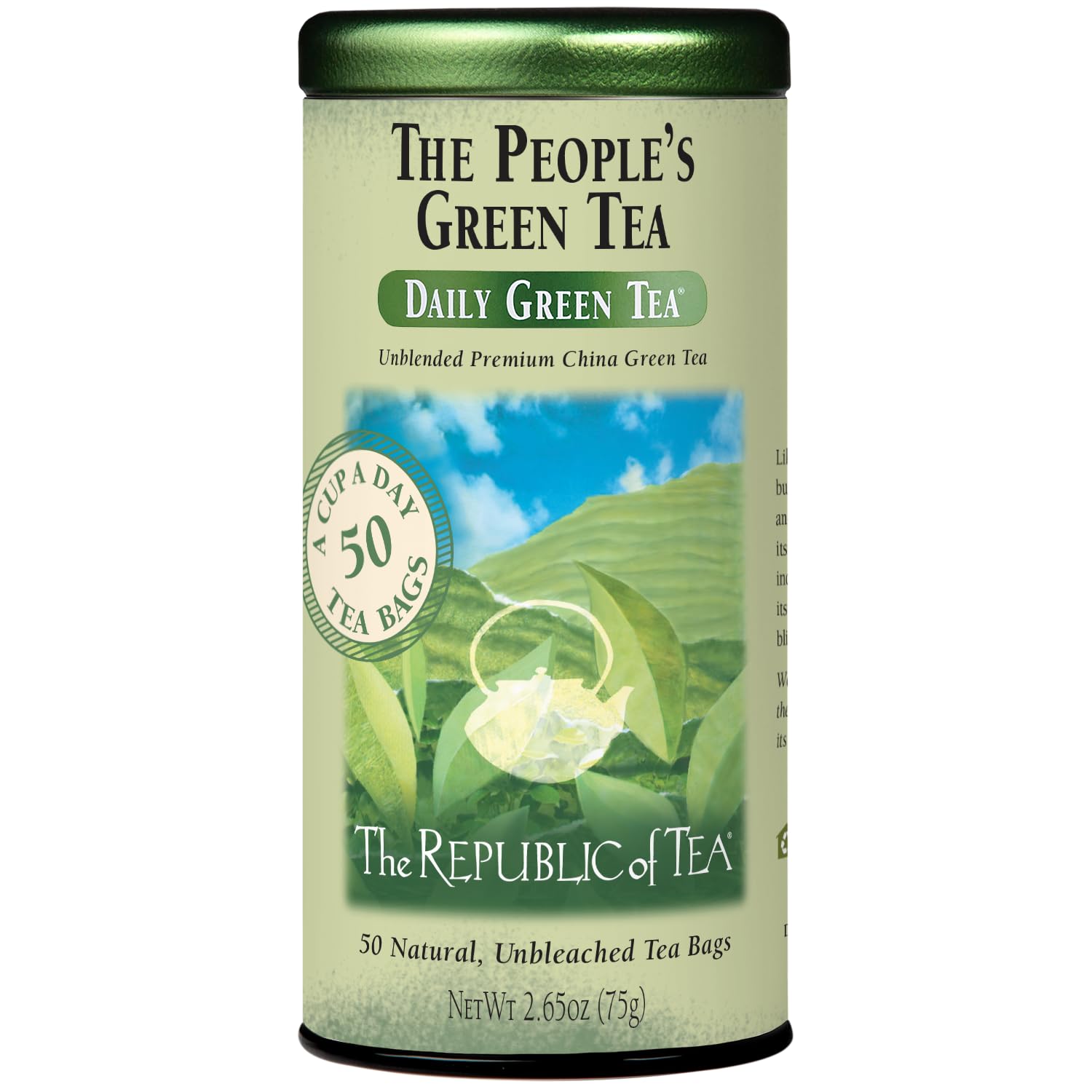 The Republic of Tea People's Green Tea tin with 50 bags for daily use.