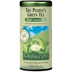The Republic of Tea People's Green Tea tin with 50 bags for daily use.