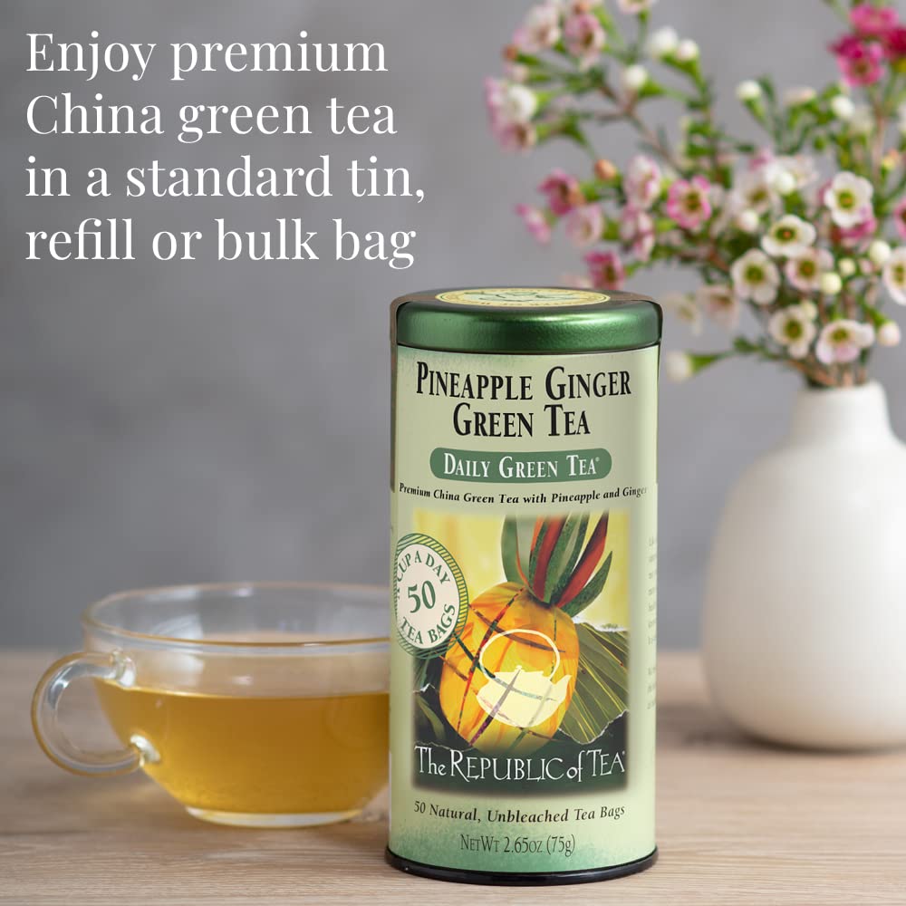 The Republic of Tea Pineapple Ginger Daily Green Tea bags closeup, convenient sachets for anytime