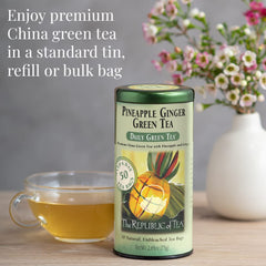 The Republic of Tea Pineapple Ginger Daily Green Tea bags closeup, convenient sachets for anytime