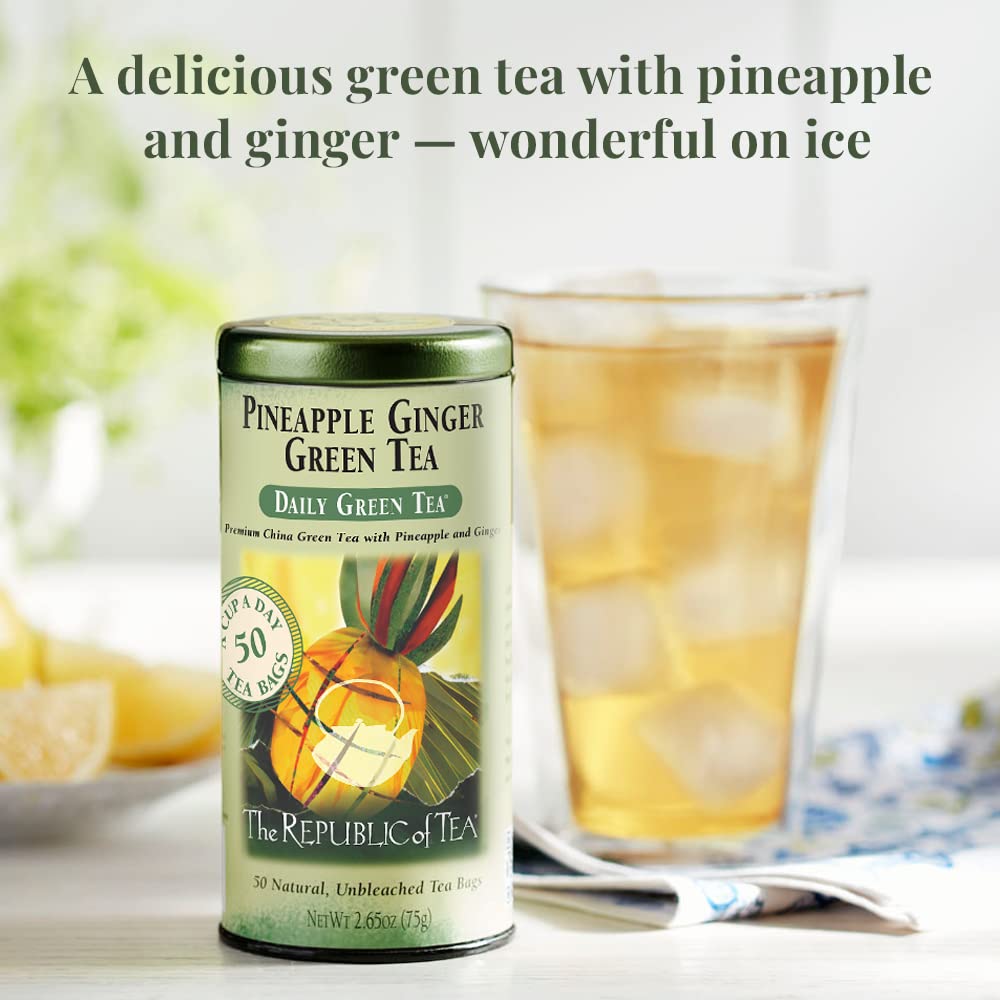 The Republic of Tea Pineapple Ginger Daily Green Tea steeped cup, warm aroma and inviting flavor