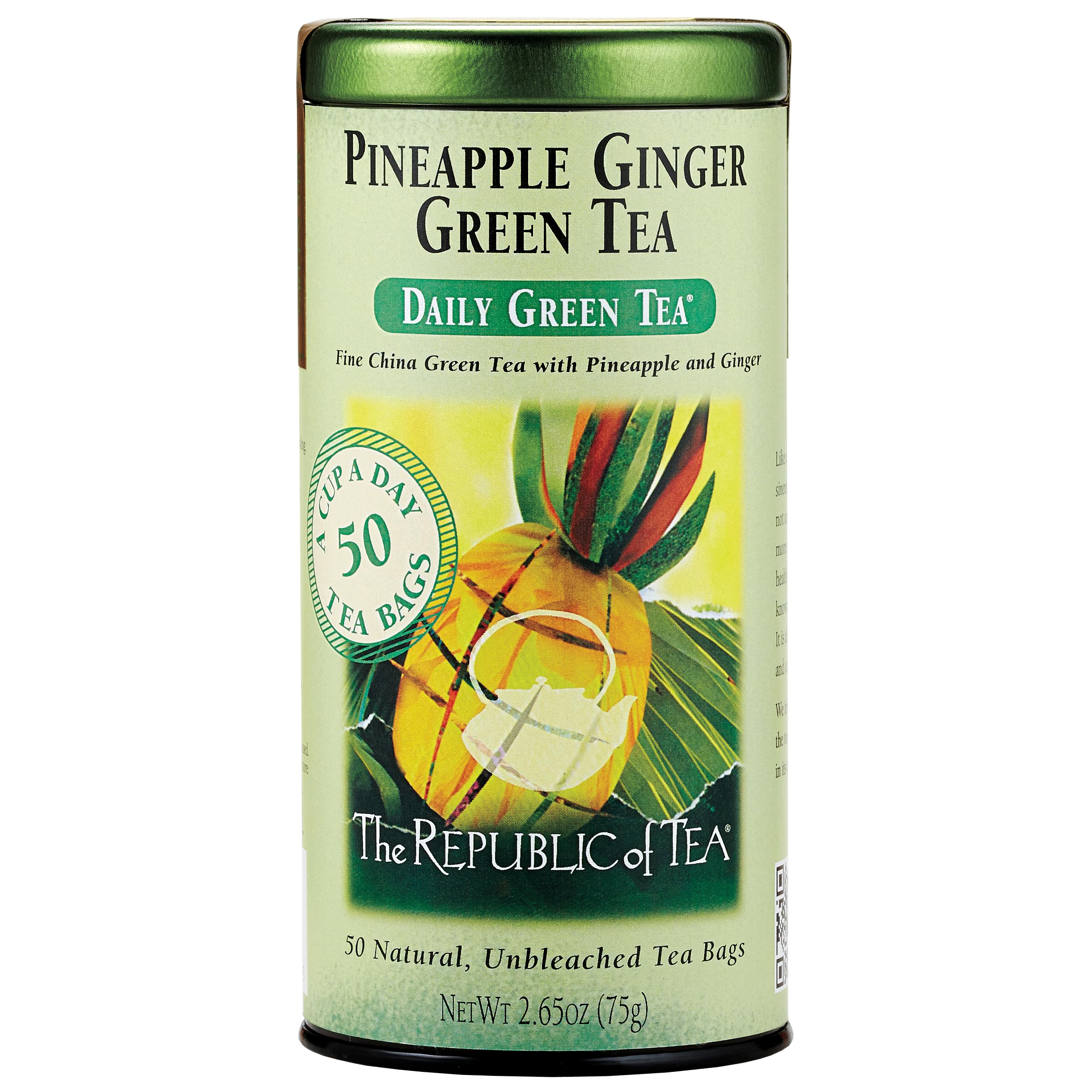 The Republic of Tea Pineapple Ginger Daily Green Tea tin front view, inviting aroma for a refreshing cup