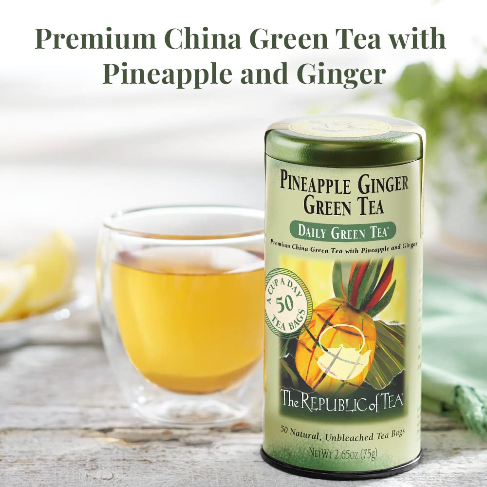 The Republic of Tea Pineapple Ginger Daily Green Tea tin label, premium ingredients highlighted