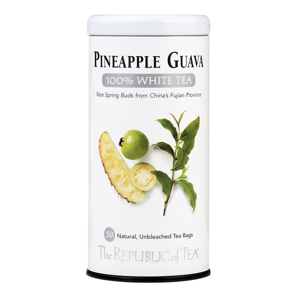 The Republic of Tea Pineapple Guava White Tea bag ready to brew for a light tropical cup.