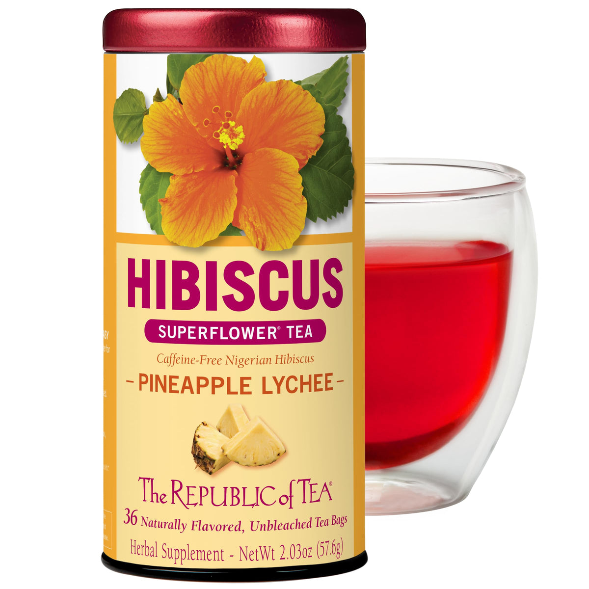 The Republic of Tea Pineapple Lychee Hibiscus tea bag with fruity aroma.