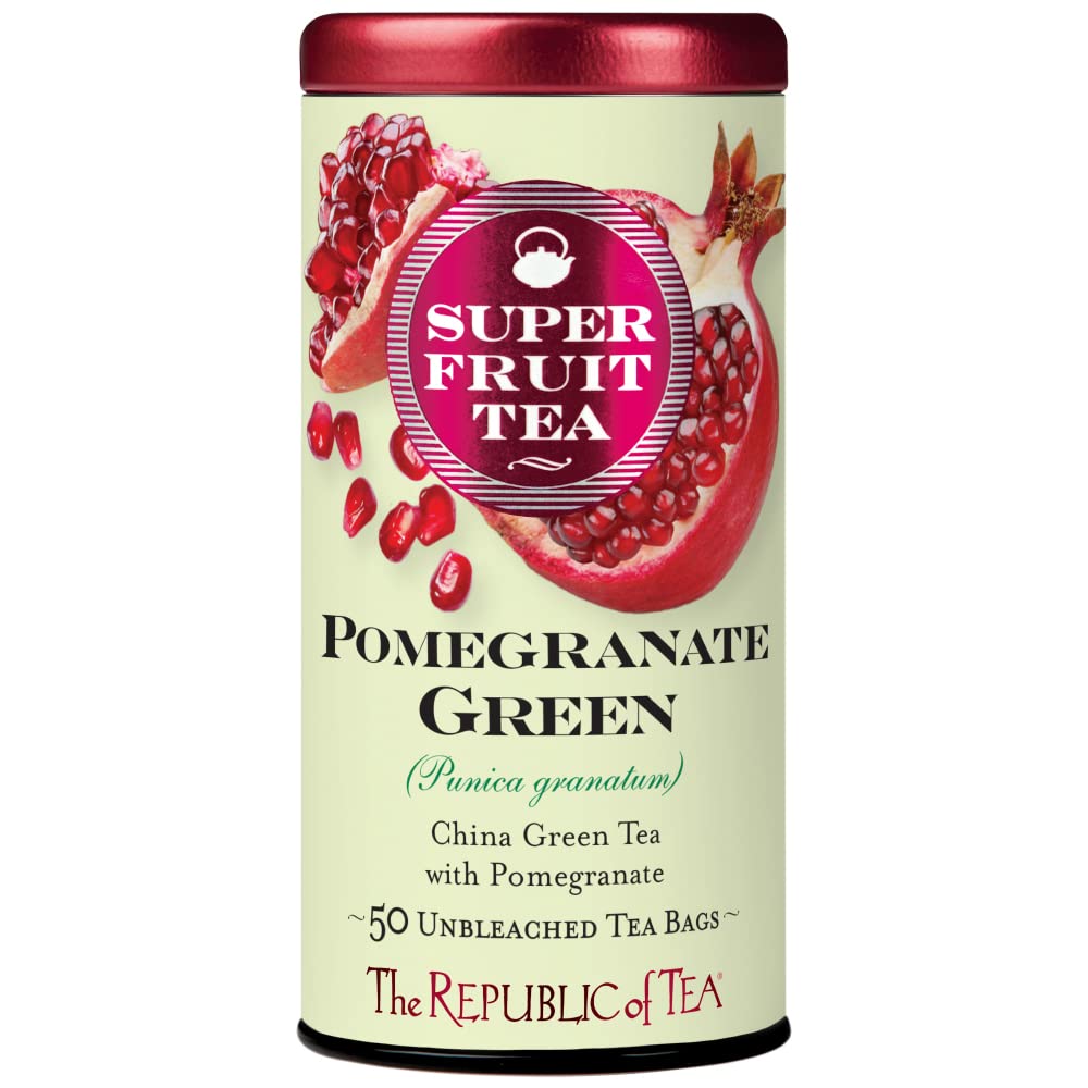 The Republic of Tea Pomegranate Green SuperFruit Tea box offers a crisp, antioxidant-rich moment