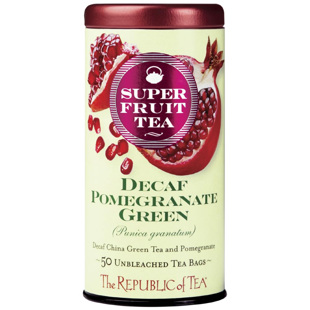 The Republic of Tea decaf pomegranate green tea bags for a calming afternoon ritual.