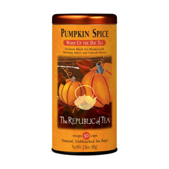 The Republic of Tea Pumpkin Spice Black Tea bag ready for brewing and warm aroma.